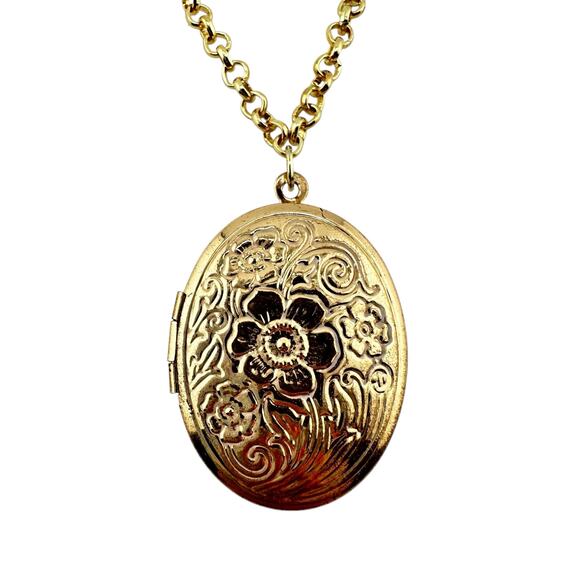 Vintage Oval Locket Floral Stamped Design Photo Pendant Gold Tone 18" Necklace - Picture 1 of 4